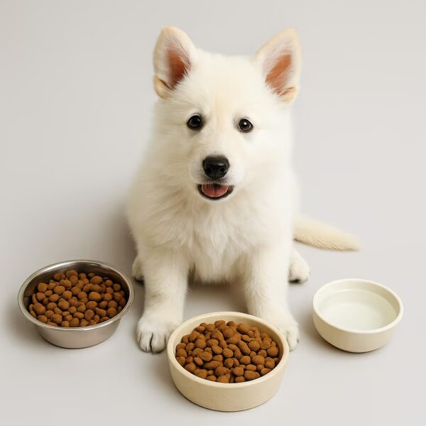 Chiot Berger Blanc Suisse en studio assis entre une gamelle d’eau et une gamelle de croquettes