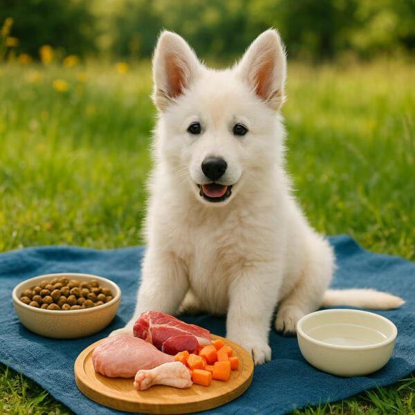 Chiot Berger Blanc Suisse sur plaid bleu au parc avec gamelle de croquettes et bol d’eau