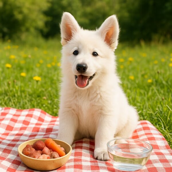 Chiot Berger Blanc Suisse sur nappe à carreaux rouges avec bol de ration et eau