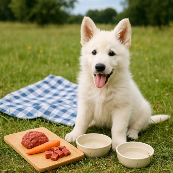 Chiot Berger Blanc Suisse assis dans l’herbe à côté de gamelles et d’un plateau de ration